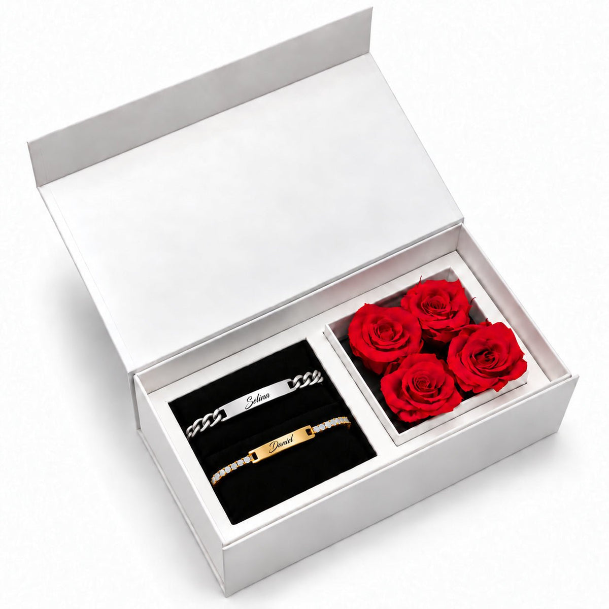 Rosenbox + Tennis Partnerarmband mit Gravur - OTANTO