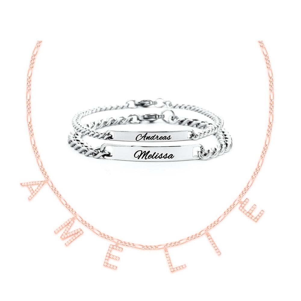 Figaro Zirkonia Buchstaben Namenskette und Partnerarmband Set - Otanto