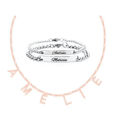 Figaro Zirkonia Buchstaben Namenskette und Partnerarmband Set - Otanto
