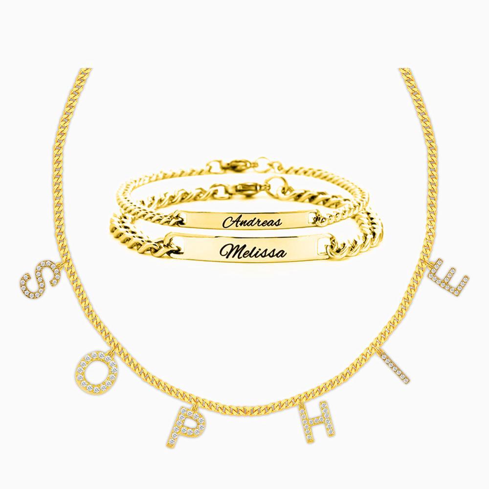 Gourmet Zirkonia Buchstaben Namenskette und Partnerarmband Set - Otanto